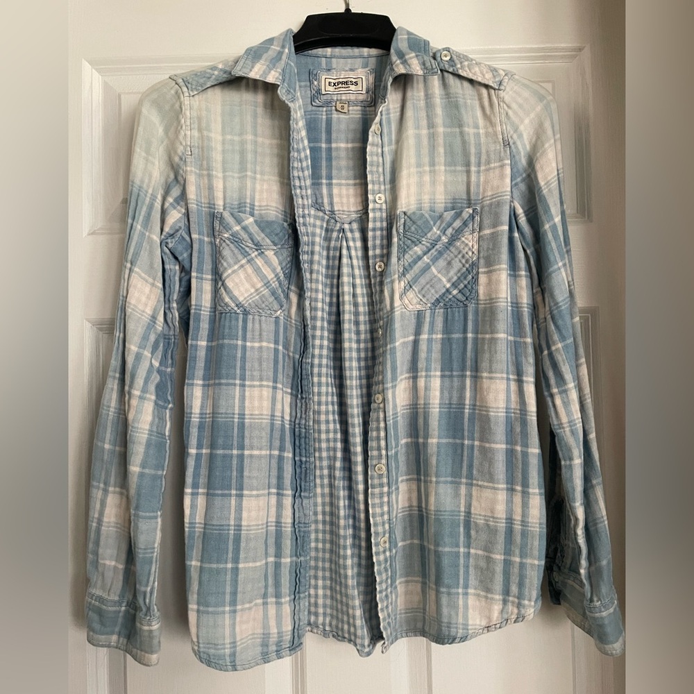 Express Light Blue and White Plaid Button-Down Shirt